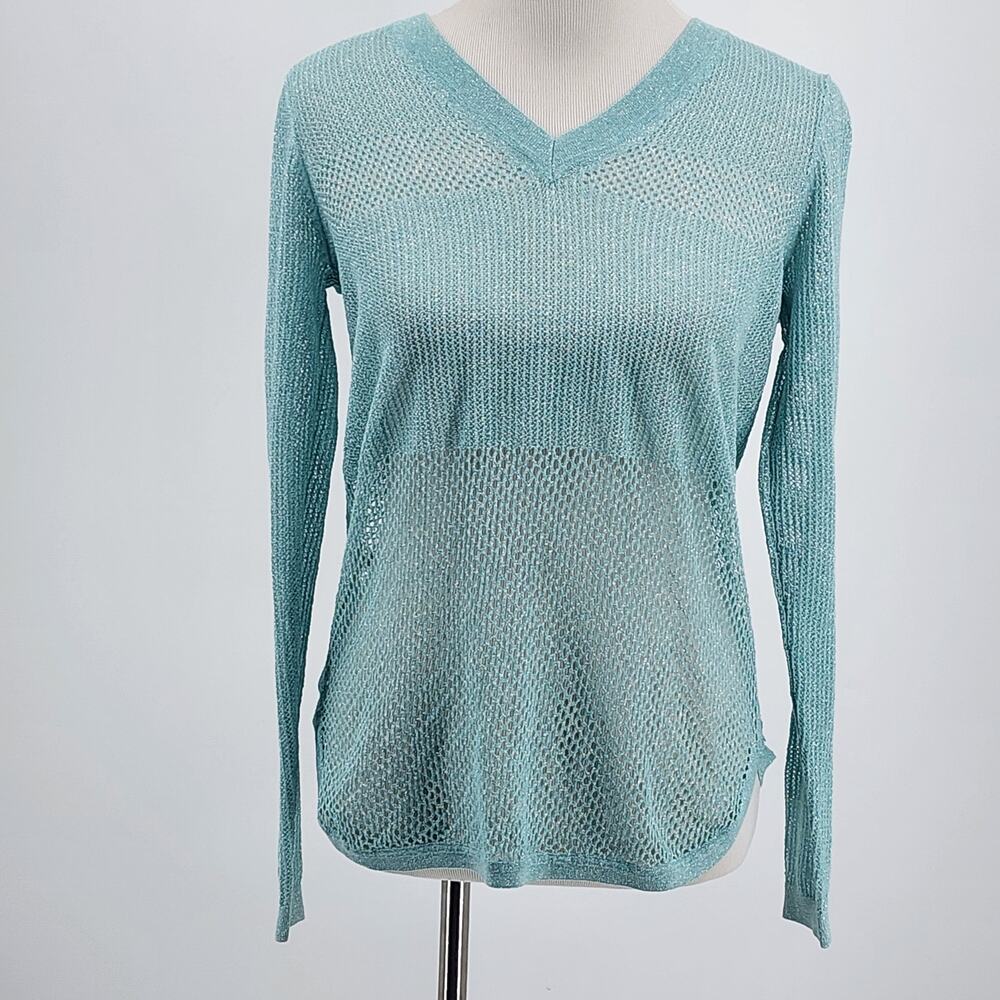 Tommy Bahama Blue Silver Metallic Sweater w/ cutout pattern  EUC Size M